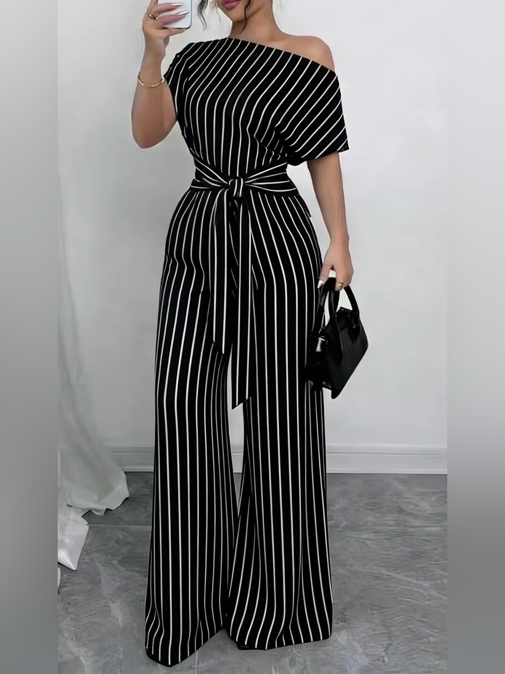 Striped Off-Shoulder Wide-Leg Jumpsuit - Black